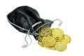 Gold coins in a velvet pouch. Royalty Free Stock Photo