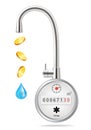 Gold coins, water flowing from kitchen faucet and meter, vector illustration. Economize water consumption, saving money.