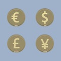 Gold coins with world currency signs