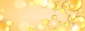 Gold collagen background, 3D peptide molecule wallpaper, oil lab jojoba cosmetic science banner.