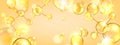 Gold collagen background, oil lab 3D peptide molecule background, jojoba cosmetic science banner.