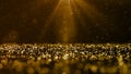 Gold color digital particles wave flow and light flare. abstract technology background concept