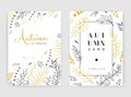 Gold color invitation with floral branches. Autumn cards templates for save the date, wedding invites, greeting cards