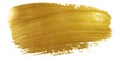 Gold color paint brush stroke. Big golden smear stain background on white backdrop. Abstract detailed gold glittering textured wet Royalty Free Stock Photo