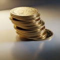 Gold colored coins each with a raised image of a person s profile and Royalty Free Stock Photo