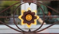 Gold colored flower, rusty ornamental ironwork