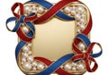 Gold-colored frame adorned with interwoven red and blue satin Royalty Free Stock Photo
