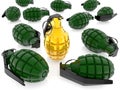 Gold colored hand grenade among green hand grenades