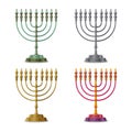 Gold colored, multicolored and silver Hanukkah menorah, nine-branched candelabrum