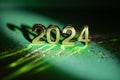 2024 gold colored numbers and glittering confetti on a vivid bright green background