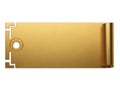 A gold colored rectangular object with a hole and unique edges on a white background Royalty Free Stock Photo