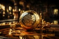 Gold-Colored Retro Clock on Casino Table. Time is Money Concept. Royalty Free Stock Photo