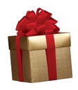 Gold colour gift box with red ribbon Royalty Free Stock Photo