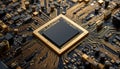 gold computer motherboard with electronic circuit. high-performance microprocessor. artificial intelligence. advanced computing