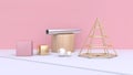 gold cone framework geometric shape and form cube tube sphere cylinder on white ground with pink wall abstract