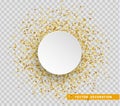 Gold confetti background. Paper white bubble for text