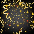 Gold confetti on black background. Foil golden particles. Vector template party holiday poster banner Royalty Free Stock Photo