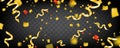 Gold confetti on black background. Foil golden particles. Vector template party holiday poster banner Royalty Free Stock Photo