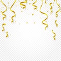 Gold confetti falling and serpentine and ribbons on white transparent background vector illustration. Party, festival