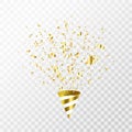 Gold confetti flying on transparent background. Party cracker with golden confetti, serpentine. Bright festive tinsel. Party