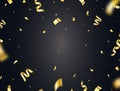 Gold confetti frame on dark background. Falling glowing gold confetti frame. Bright golden festive tinsel. Party