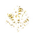 Gold confetti, serpentine ribbons isolated on white vector background. Glitter tinsel explosion in 3d realistic style