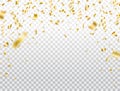 Gold confetti on transparent background. Falling shiny golden confetti. Party backdrop. Bright glitter festive tinsel