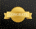 Gold congrats in gold frame with black and gold ribbon. Vector stock illustration