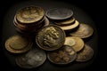 Gold and copper scattered coins. A pile of coins Royalty Free Stock Photo