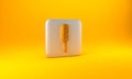 Gold Corn dog icon isolated on yellow background. Traditional american fast food. Silver square button. 3D render