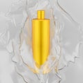 Gold cosmetic spray bottle in clear liquid splash. 3d render.