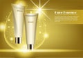 Gold cosmetic tube with gold water drop and lens flare light eff