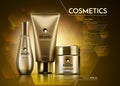 Gold Cosmetics Vector realistic package ads template. Face and body cream products bottles. Mockup 3D illustration