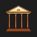 Gold Courthouse building icon isolated on black background. Building bank or museum. Long shadow style. Vector