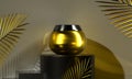 Gold cream jar. Facial sunscreen care for women`s health. Palm golden leaves