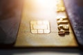 Gold credit card with micro chip selective focus Royalty Free Stock Photo