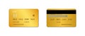 Gold credit card. Mockup of golden bank card. design of vip plastic card. Template of realistic debit card with chip. Icon for Royalty Free Stock Photo