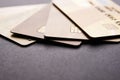 Gold credit cards on black background with copy space Royalty Free Stock Photo