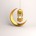 Gold crescent moon and arabic hanging lamp on white background studio lighting.