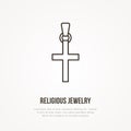 Gold cross illustration. Religious jewelry flat line icon, jewellery store logo. Jewels accessories sign