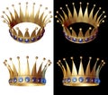 Gold crown in different angles encrusted with sapphires. Isolated on a white and black background. Royalty Free Stock Photo