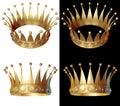Gold crown in different angles encrusted with diamonds. Isolated on a white and black background. Royalty Free Stock Photo