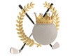 Gold crown on golf ball and golden olive branch isolatedon white Royalty Free Stock Photo