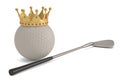 Gold crown on golf ball and golf club isolatedon white background. 3D illustration. Royalty Free Stock Photo