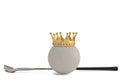Gold crown on golf ball and golf club isolatedon white background. 3D illustration. Royalty Free Stock Photo