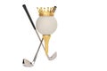 Gold crown on golf ball and golf club isolatedon white background. 3D illustration. Royalty Free Stock Photo