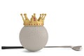 Gold crown on golf ball and golf club isolatedon white background. 3D illustration. Royalty Free Stock Photo