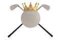 Gold crown on golf ball and golf club isolatedon white background. 3D illustration. Royalty Free Stock Photo