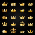 Gold crown icons. Queen king crowns luxury royal on blackboard, crowning tiara heraldic winner award jewel vector set Royalty Free Stock Photo