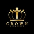 Gold crown icons. Queen king golden crowns luxury Logo Design Vector on black background